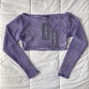 NWT Dolls Kill Purple Knit Fishnet Long Sleeve Crop Top